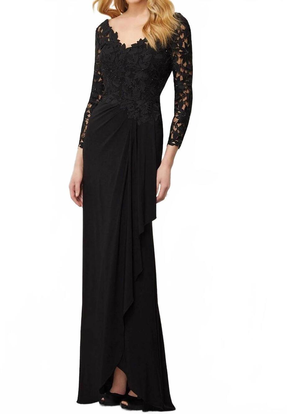 NEW MGNY embroidered v-neck evening dress in black